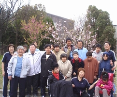 桜の前で集合写真